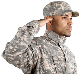 Military salute saluting camouflage veteran isolated soldier