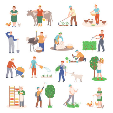 People Farmer Characters Harvesting and Doing Garden Work Big Vector Illustration Set