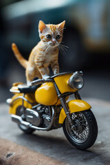 Adorable Orange Kitten Riding Motorcycle. Generative ai