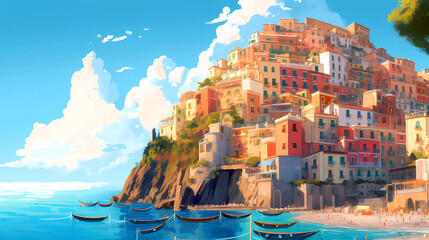 Morning view of the small town of Positano on the Mediterranean coast, Italy - obrazy, fototapety, plakaty