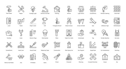 DIY Do It Yourself Thin Line Icons Homemade House Icon Set in Outline Style 50 Vector Icons in Black	