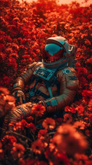 Fototapeta na wymiar High texture quality photo of biomechanical astronaut lying in a meadow of dahlia flowers, golden hour. generative ai