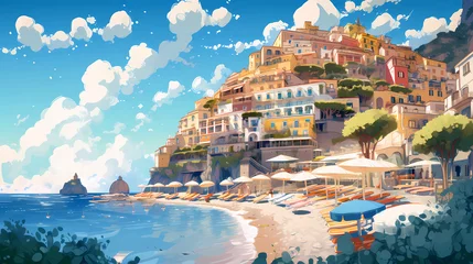 Schilderijen op glas Morning view of the small town of Positano on the Mediterranean coast, Italy © Aleh Varanishcha