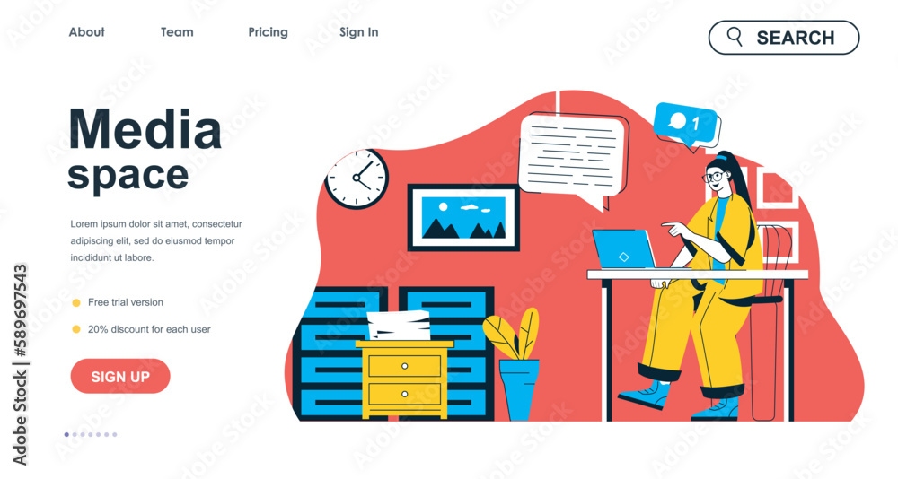 Aufkleber Media space concept for landing page template. Woman networking and chatting with friends at laptop. Online communication people scene. Vector illustration with flat character design for web banner