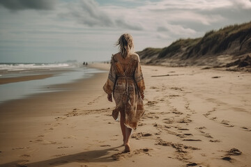 A boho girl walking at a sandy beach, surrounded by ocean and breathtaking cliffs views, rear view. Travel light with ease and let nature guide you concept. Generative AI