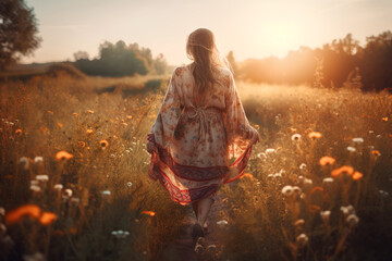 Boho girl walking at a sun drenched meadow filled with wildflowers, rear view. Travel light with ease and let nature guide you concept. Generative AI