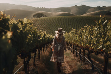Boho girl walking at a vineyard with rows of grapevines and rolling hills, rear view. Travel light with ease and let nature guide you concept. Generative AI
