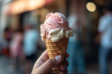 Enjoying the hustle and bustle of the city while savoring a mouthwatering ice cream at a sidewalk cafe. Generative AI.