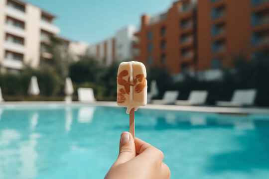 Savoring a delicious ice-cream while relaxing in a cozy poolside cabana. Generative AI.