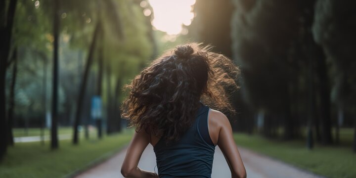 Woman running in park feeling strong and empowered as she pushes herself to reach her fitness goals, concept of Fitness journey, created with Generative AI technology