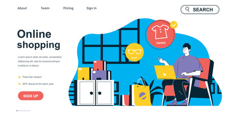 Fototapeta na wymiar Online shopping concept for landing page template. Customer choosing goods and makes purchases using laptop. E-commerce people scene. Vector illustration with flat character design for web banner