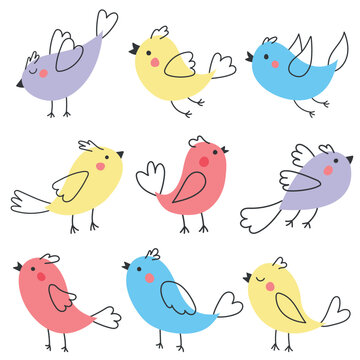 A set of bright colorful birds with spring flowers. Vector birds drawn in a modern style. Illustrations for postcard templates, banners and posters