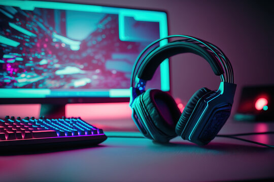 Close up of professional gamer working place with gaming setup containing computer monitor, keyboard and headphones in neon lights. Generative AI