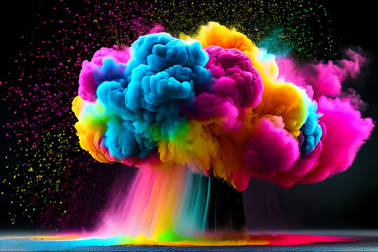 Ai Generated, brain explosion with colorful powder on black background.