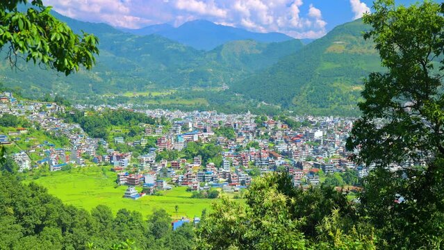 Parallax of Pokhara city at the rural foothills to the Annapurna Himalaya mountain range, Nepal