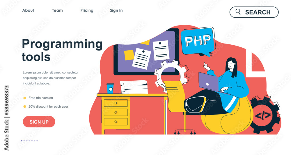 Aufkleber Programming tools concept for landing page template. Woman works at laptop, writes code and settings. Software development people scene. Vector illustration with flat character design for web banner