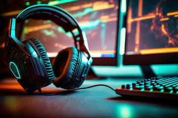 Obraz na płótnie Canvas Esports headphones on table of professional game streamer with keyboard and pc monitors on background in neon lights. Generative AI