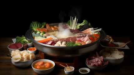 A bowl of steaming hot pot with an assortment of vegetables and meats, each one beautifully arranged. Generative AI