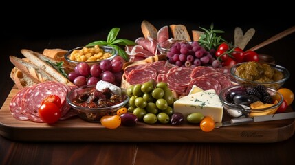 A platter of antipasto with a variety of cured meats, cheeses, olives, and marinated vegetables, arranged in a stunning display. Generative AI