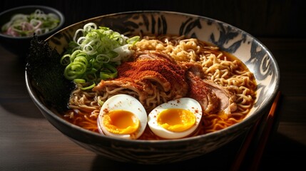 A bowl of spicy ramen with slices of tender pork, a perfectly boiled egg, and a sprinkle of scallions. Generative AI