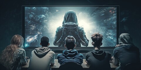Group of gamers sitting in front of large screen intensely focused on game, concept of Teamwork and competitiveness, created with Generative AI technology