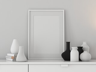 White Poster Art Frame Mockup with passepartout on commode with vases, 3d rendering