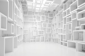 white storage room with multiple shelves and containers. Generative AI