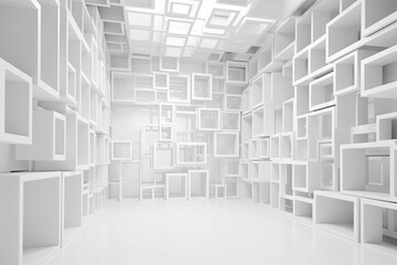 Fototapeta premium white storage room with multiple shelves and containers. Generative AI