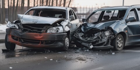 Fototapeta premium Accident of two cars in early spring morning, concept of Crash and Season, created with Generative AI technology