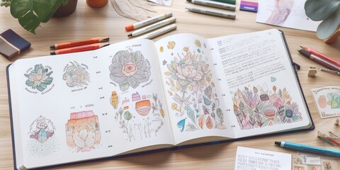 A beautifully organized bullet journal with colorful hand drawn illustrations creative layouts, concept of Personalization and Creative Layouts, created with Generative AI technology