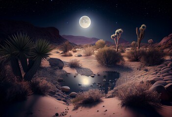 Night desert with an oasis under the starry sky and full moon 3d illustration. Generative AI