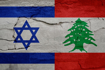 Israel Lebanon war. Flags of Israel and Palestine on cracked stone background. Concept of the Conflict between Israel and the Palestinian Authorities. Fire flame. Out of focus