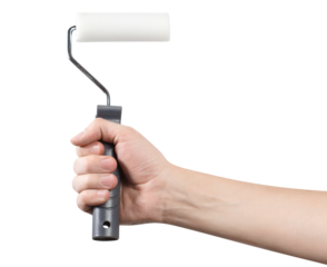 Hand holding a thick roller brush, cut out