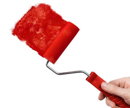 Hand draws with red paint using a red roller brush, cut out