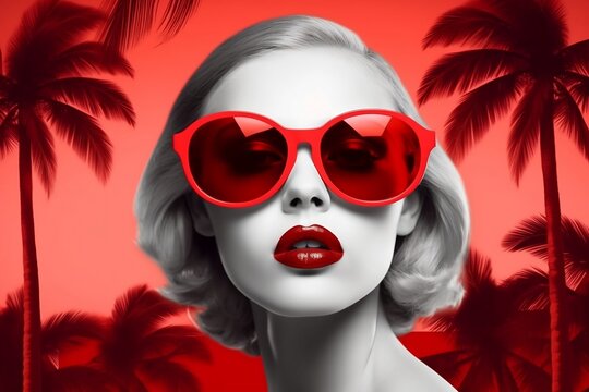 photo of girl in red sunglasses, in the style of bold graphic design elements. Generative AI.