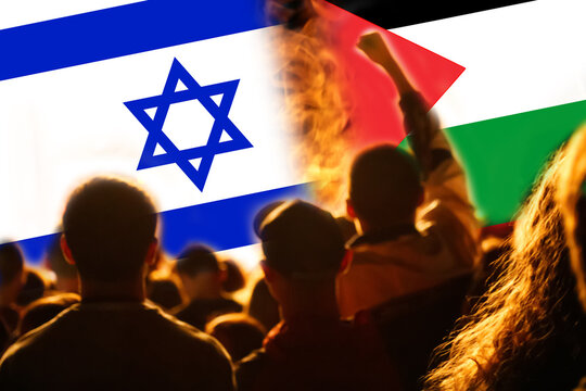 Israel Palestine war. Concept of crisis of war and political conflicts between nations. Flags. Fire, flames. Cracked stone background. Protests demonstration. Man hand. Out of focus