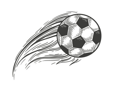 Flying fire Soccer ball. . hand drawing  vintage engraving style. Vector illustration