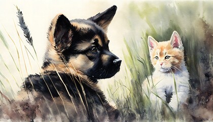 Puppy playing with a cat in the grass, wildlife, water color painting , generative ai