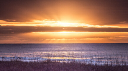 Stunning sunrise over the Atlantic Ocean, North Myrtle Beach, SC. Sun a few degrees above the horizon hidden behind a thin, horizontal cloud. Golden sunbeams bursting through cloud layer. © Gerald Zaffuts