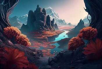 Stunning fantasy landscape. Generative art. Generative AI