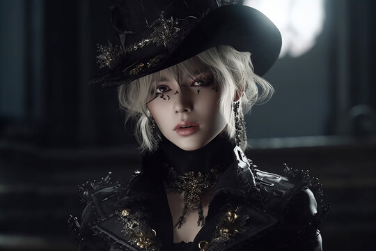 Woman wearing visual kei style hair and clothes, fictitious person. AI generated image