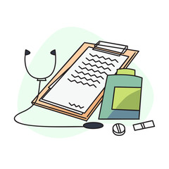 flat illustrations of stethoscopes, board mats and pill cases and pills