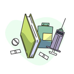 flat vector illustration, recipe book, vaccine shot and pill container.