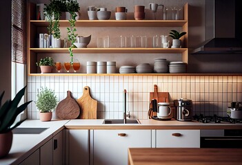 Fototapeta na wymiar Interior of light modern kitchen with white counters and shelves. Generative AI