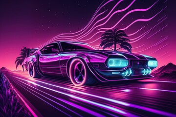 Obraz na płótnie Canvas Night road with car and palm trees. Neon retro style, cyberpunk. Generative AI.