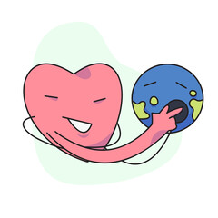 flat vector illustration, cute heart using stethoscope checking globe.