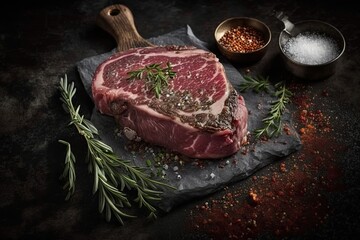 Raw T-bone steak with rosemary and spices on black background. Presentation of food, close up. Generative AI.