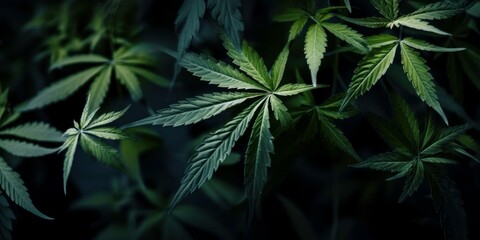 Fototapeta na wymiar Cannabis Sativa Leaves On Dark. Medical Legal Marijuana. AI generated, human enhanced.