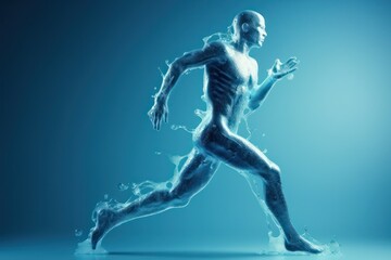 Fototapeta na wymiar Human body shape of a running man filled with blue water, wellness concept. AI generated, human enhanced