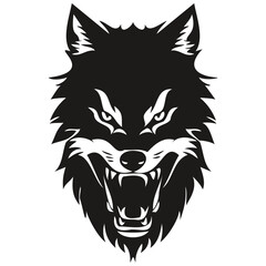 Ferocious wolf head animal mascot logotype, black and white template badges emblem
